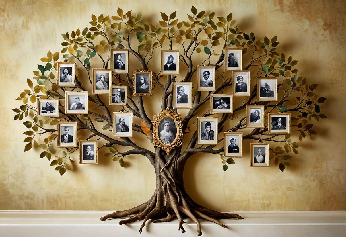 A poignant family tree intricately woven with roots resembling loving hands, each branch adorned with photographs of diverse ancestors in vintage frames. Soft golden light filtering through an ethereal backdrop of intertwined hearts and leaves, symbolizing love and legacy. Gentle hints of historical artifacts subtly integrated into the design, representing the journey of genealogy. The overall feel is warm and nostalgic, inviting exploration of personal heritage. super-realistic. vibrant colors. ethereal background.