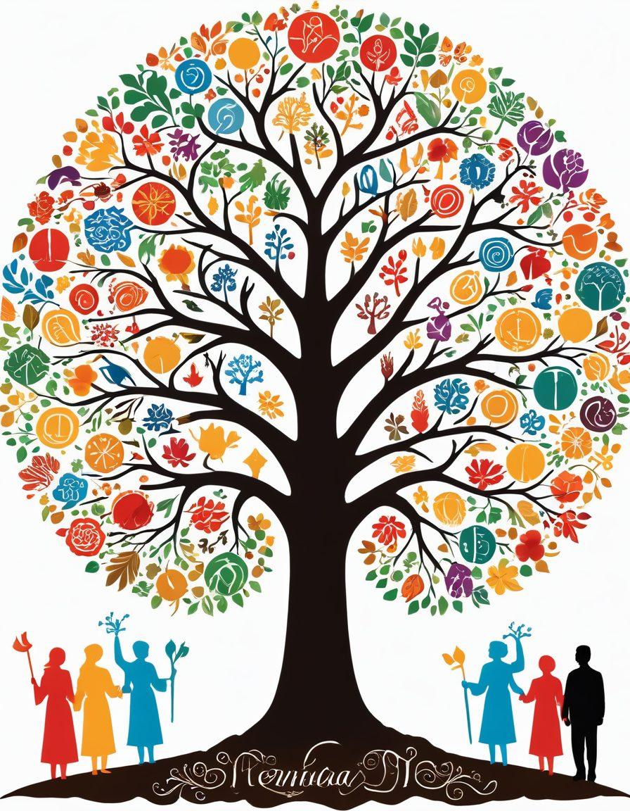 A vibrant family tree spiraling upwards with diverse branches representing different cultures, each branch adorned with symbols of heritage, such as traditional clothing, tools, and artifacts. In the background, silhouettes of people connecting across generations, symbolizing unity. Bright colors to evoke warmth and nostalgia. super-realistic. vibrant colors. white background.