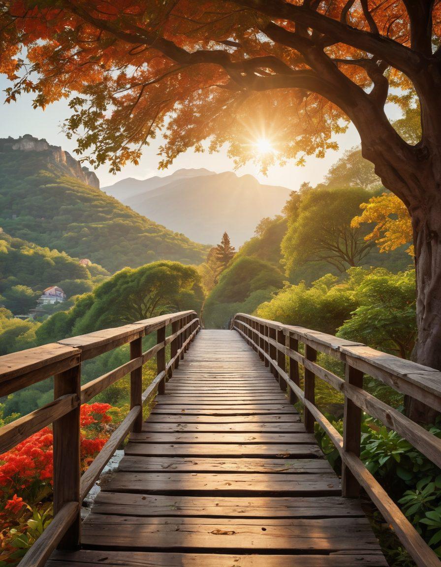 A picturesque scene featuring an ancient wooden bridge symbolizing connection across eras, adorned with family trees blooming with vibrant leaves, intertwining with hearts and clocks representing affection over time. A soft sunlight bathes the landscape, casting gentle shadows that evoke nostalgia. The background showcases mountains fading into a distant horizon, symbolizing the time aspect. super-realistic. vibrant colors. warm tones.